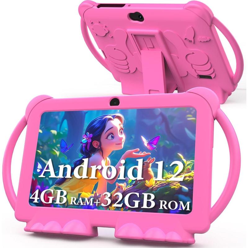 2024  Tablet, Android 12 Tablet for  7 inch, 4+32GB ROM(1TB Expand),  Tablet with Parental Control, BT, WiFi, Dual Camera, Shockproof Case,  APP Preinstalled, Education(Pink)