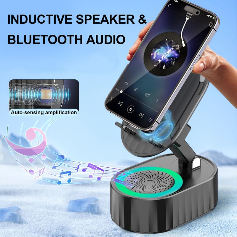 AKLLCCR Wireless Induction Audio Bluetooth Speaker 5in1 Phone Holder Emergency Rechargeable (3000mAh) Portable Power Tablet Stand With Colorful Ambient Light 300° Foldable for iPhone Android Non-Slip Base, Unique Cool Gadget Tech Gifts For friend, family