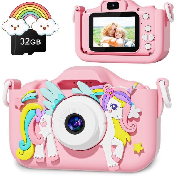 Kids Camera Toys for 3-8 Year Old Girls Boys,Children Digital Video Camcorder Camera with Cartoon Soft Silicone Cover, Best Chritmas Birthday Festival Gift for Kids - 32G SD Card Included