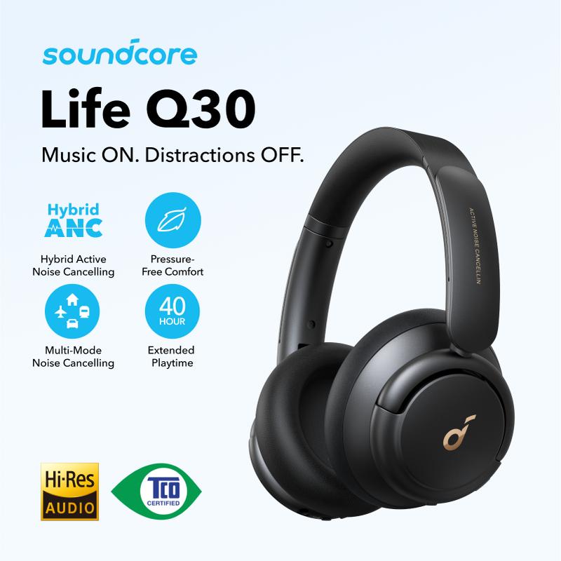 Soundcore by Anker Life Q30 Hybrid Active Noise Cancelling Headphones with Multiple Modes, Hi-Res Sound, Custom EQ via App, 40H Playtime, Comfortable Fit, Bluetooth, Multipoint Connection